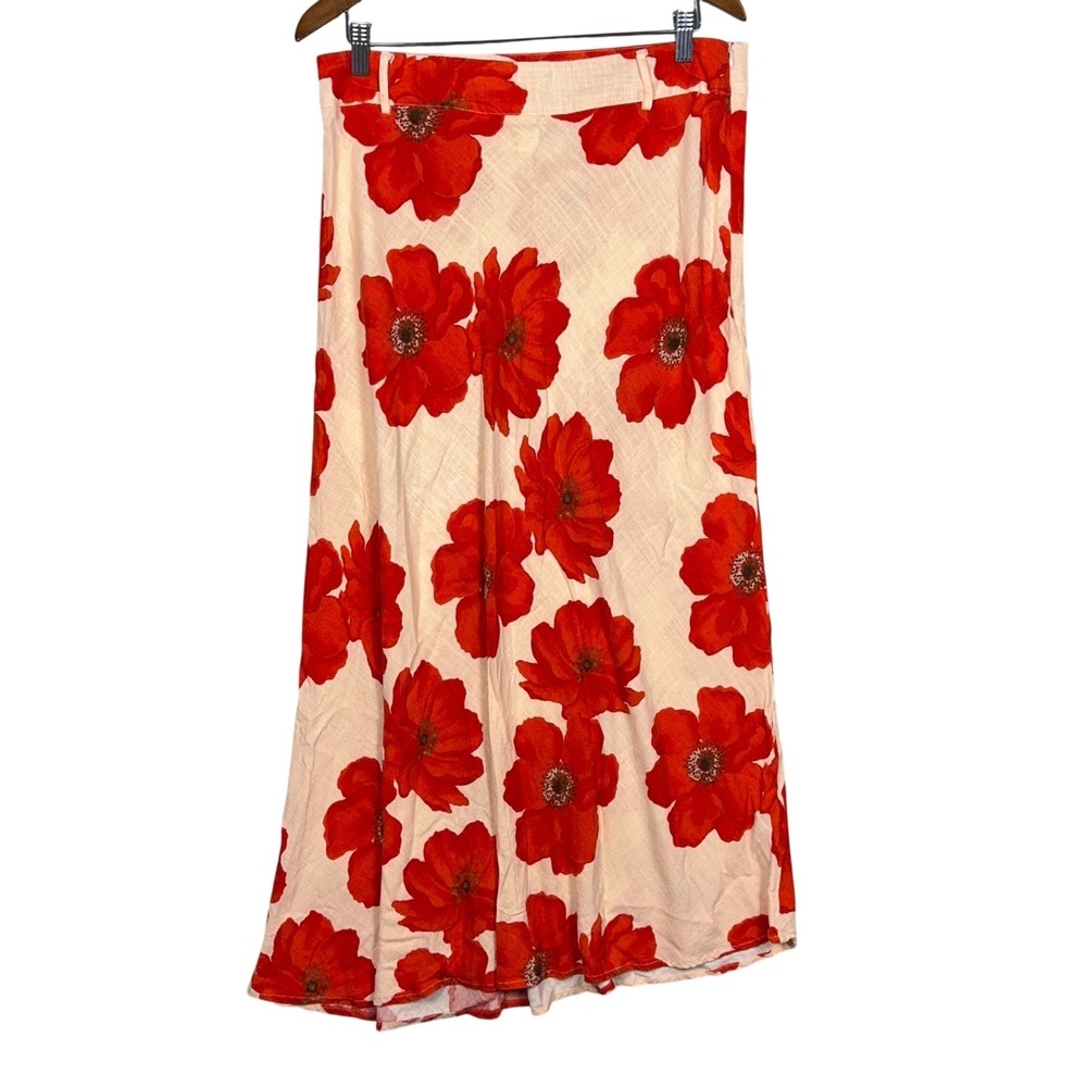 Paper Heart Floral A Line Skirt Womens Size XL Linen Blend Red Cream Coastal